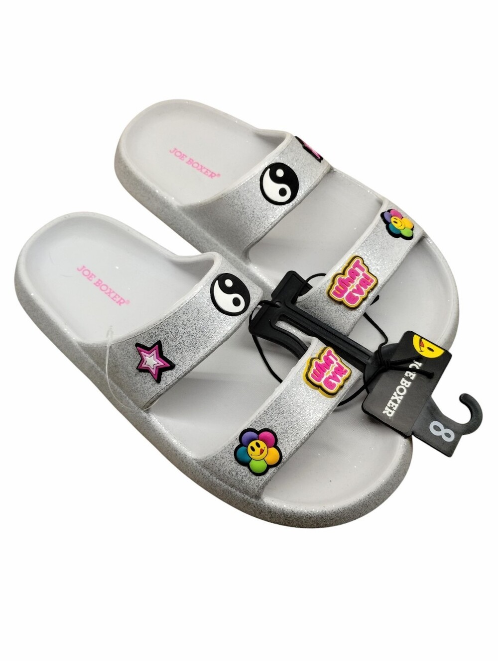 Joe Boxer Silver Glitter Slide Sandals with Colorful Charm Accents